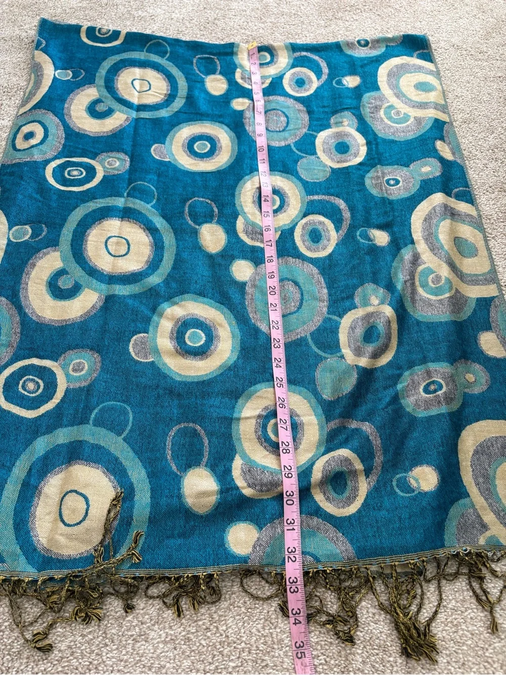 Pashmina Silk Teal, Beige & Gray Circular Pattern Fashion Fringed Scarf